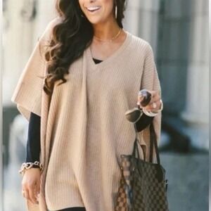 Halogen 100% Cashmere Knit Poncho Sweater One Size | Beige Neutral Luxury Soft